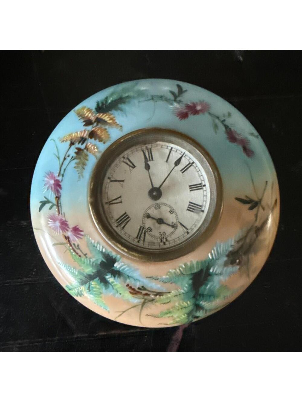 Antique E.N. Welch Victorian Hand Painted Round Porcelain Jewelry Wall Clock
